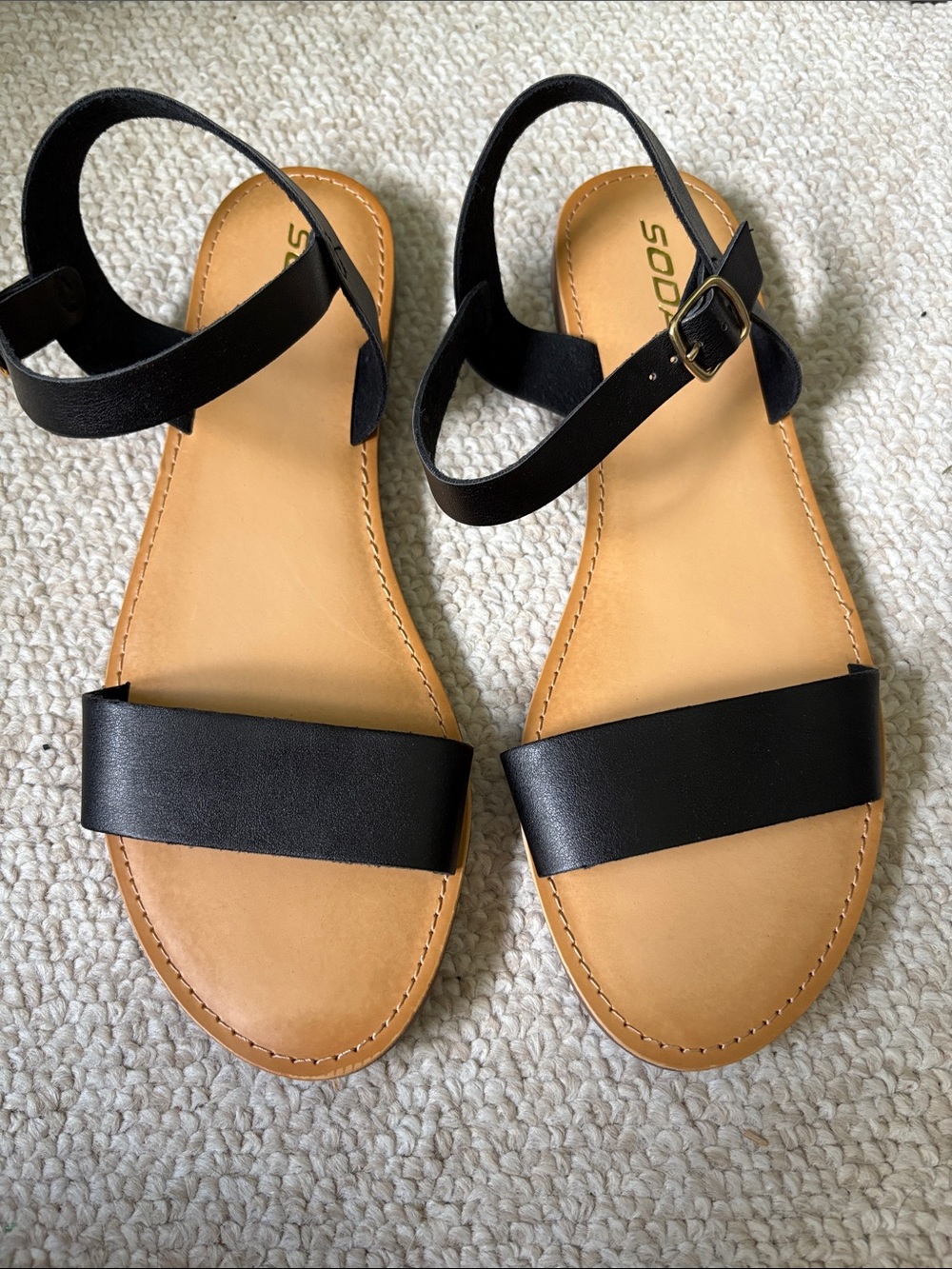 Soda Black Strap Women's Sandals with Tan Footbed